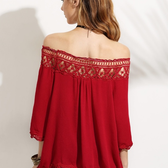 Red Bardot Crochet Lace Accent Off Shoulder Top - Picture 3 of 4
